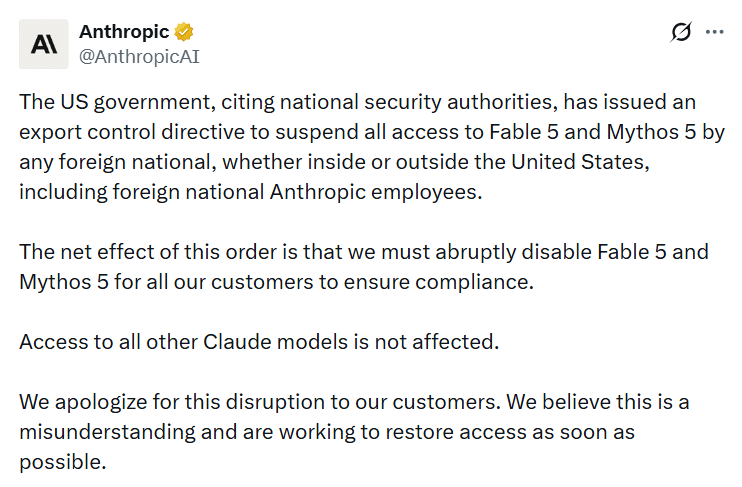 US Government Forces Anthropic to Shut Down Claude Fable 5 and Mythos 5 Worldwide Just Three Days After Launch